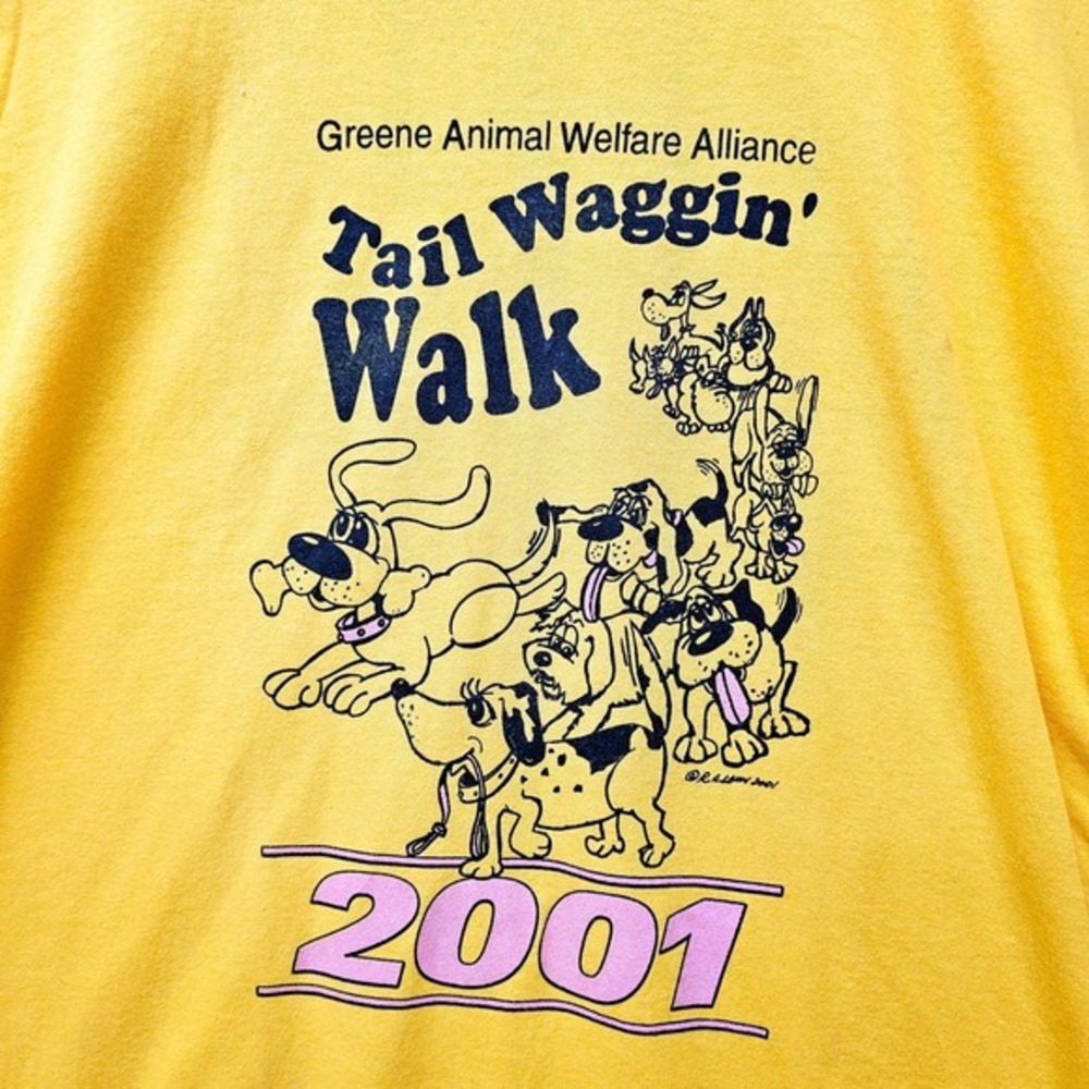 Vintage Heavy Cotton T Shirt Mens M Yellow TAIL WAGGIN WALK Tee‎ Dog Animal Y2K - Picture 2 of 10